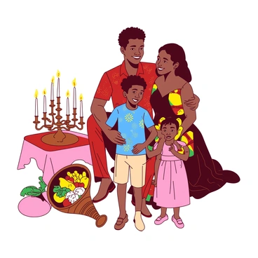 A family dressed in African-inspired outfits for a Kwanzaa celebration