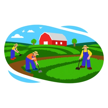 Farmers in straw hats are actively tending to rows of green crops on a flat landscape. Each farmer is using a hand tool, such as a hoe or rake, to cultivate the soil. In the background, a large red barn stands prominently, surrounded by vibrant green fields stretching out under a clear blue sky. The sun casts bright light across the scene, creating defined shadows from the farmers and the barn. Several birds can be seen flying overhead, contributing to the lively atmosphere of the farm.