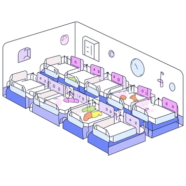Rows of cribs arranged neatly in a hospital nursery. Each crib has a soft white mattress and a light pastel blanket neatly folded inside. The nursery is illuminated with gentle, warm lighting that creates a calming atmosphere. Soft wall decorations in soothing colors adorn the walls, and there are small stuffed animals placed near each crib.
