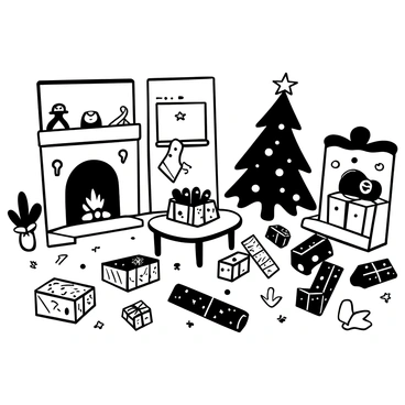 A living room filled with "torn wrapping paper" scattered across the floor. There are multiple "opened gifts" with colorful paper and ribbons lying around, revealing various toys and items inside. A "Christmas tree" stands in the corner, decorated with ornaments and fairy lights. A "fireplace" is visible, with stockings hanging from the mantel, and a few "holiday decorations" are placed on the coffee table.