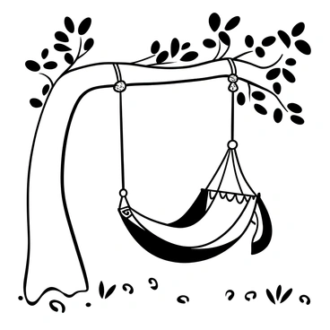 A hammock chair hanging from a sturdy tree branch, with its fabric draping elegantly. The leaves of the tree surround the chair, some gently rustling in the breeze. The ground below has scattered grass and small pebbles. The scene conveys a peaceful outdoor setting, with the hammock chair swaying slightly as if inviting someone to sit down and relax.