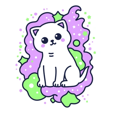 A tattoo design features a cute kitten sitting at the center. The kitten has large, expressive eyes and soft fur. Surrounding the kitten is a swirling pattern depicting nebulae and stars, intricately detailed. The design includes various shapes and sizes of stars scattered throughout the composition. The nebulae have a flowing, organic shape, creating a sense of movement around the kitten. The overall composition is balanced, emphasizing the kitten while showcasing the cosmic elements that surround it.
