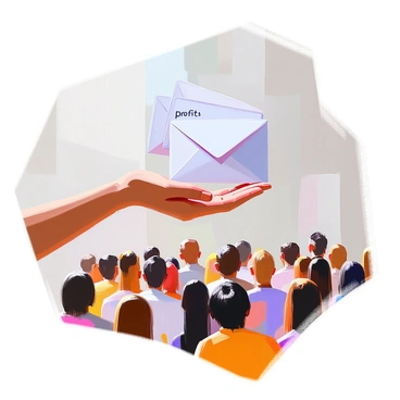 A hand with light skin is extended outward, holding several empty envelopes that are labeled with the word "profits" in bold letters. The envelopes are white and appear crisp and pristine. In front of the hand, there is a diverse crowd of people, with varying skin tones and expressions of curiosity and concern. The crowd is positioned in a semi-circle, all facing the hand and the envelopes. The setting suggests a moment of anticipation as the recipients wait to receive the envelopes being offered.