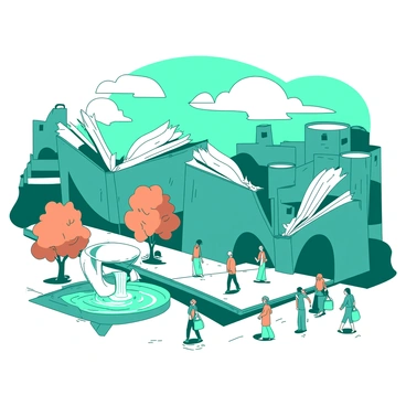 A teal bustling town filled with buildings that are shaped like open books. The buildings have large pages that are fanned out, creating a unique architectural design. People are walking along the streets, some carrying bags filled with various items. Trees with orange leaves line the sidewalks, providing a warm contrast to the teal buildings. A small fountain is situated in the center of a nearby square, with water gently flowing around the base. The sky above is bright and clear, enhancing the vibrant atmosphere of the town.