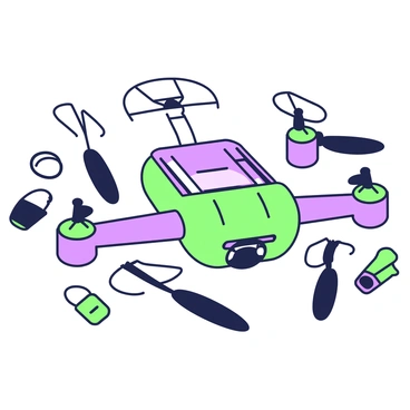 A drone is positioned in the center of the image, showcasing its sleek body and detachable arms. Each arm is depicted in a slightly different configuration, illustrating various modular design options. One arm is extended outward, featuring tools attached, while another is folded against the body of the drone. The drone's propellers are visible above, and a clear view of its sensors can be seen on the front side. Surrounding the drone, various tool attachments are displayed, including a camera and a small grappling hook, indicating the versatility of the design. The background remains simple to emphasize the drone and its features.