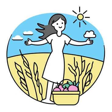 A woman with long flowing hair, wearing a simple white dress, stands in the middle of a golden wheat field. She is extending her arms outward in a gesture of blessing. The wheat around her is tall and ripe, swaying gently in the breeze. The sun casts a warm light over the scene, enhancing the golden tones of the wheat. In the background, a clear blue sky stretches above, dotted with a few soft clouds. A basket filled with ripe fruits and vegetables rests at her feet, symbolizing the abundance of the harvest.