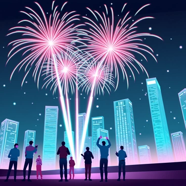 Fireworks exploding in vibrant colors, including shades of red, blue, green, and gold. The scene captures a bustling city skyline with tall, modern skyscrapers illuminated by the bright bursts of light. The night sky is filled with a shower of sparkling particles from the fireworks, creating a festive atmosphere. Below, the streets are lively with people looking up, some clapping and others taking photos, adding energy to the scene. The overall composition highlights the juxtaposition of the colorful fireworks against the sleek, glassy buildings of the city.