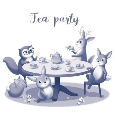 A whimsical gathering taking place in a sunlit clearing. A large round table is set with an assortment of teacups and a teapot, surrounded by various animals. A wise-looking owl sits at the head of the table, wearing tiny spectacles. Next to the owl, a cheerful rabbit pours tea into a delicate cup. A playful squirrel holds a plate filled with pastries, while a gentle deer watches with a warm smile. The scene is filled with lush greenery, and flowers are scattered around the table, adding to the cheerful atmosphere. "Tea party" is written in an enchanting font above the animals.