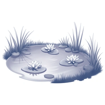 A pond with a smooth surface reflecting the surroundings. Several lotus flowers are gently floating on the water, their circular leaves positioned around them. The flowers are open, showcasing their delicate petals. The pond is bordered by lush greenery, with tall grasses and small shrubs framing the scene. A few ripples can be seen on the water's surface, suggesting a light breeze.