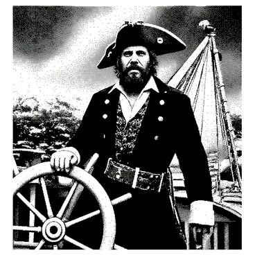 A vintage comic pirate captain with a large, bushy beard and a tricorn hat is standing at the helm of a ship. He has a confident expression on his face as he grips the steering wheel tightly. The ship is sailing through turbulent waters, with large waves crashing against the sides of the vessel. Dark, swirling clouds fill the sky above, emphasizing the intensity of the storm. The captain's clothing includes a long coat with detailed patterns and a large belt, adding to his adventurous appearance. The ship’s sails are billowing in the wind, and a parrot can be seen perched on his shoulder, looking out over the rough seas.