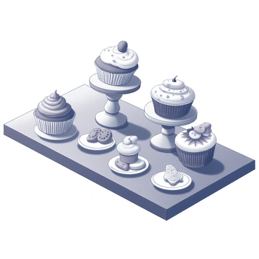 A table is covered with an assortment of cupcakes and treats, each delicately arranged. The cupcakes have intricate designs, featuring swirls of frosting and various toppings. There are small decorative plates holding cookies and candies, creating a festive atmosphere. The table itself is wooden and has a textured surface, with soft shadows casting around the treats.