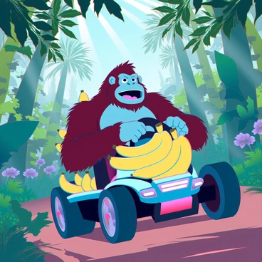A large, muscular gorilla with brown fur, named "Donkey Kong," is confidently riding in a colorful, modified go-kart. The kart is overflowing with bright yellow bananas, some of which are spilling over the sides. Surrounding them is a dense jungle trail filled with vibrant green foliage, towering trees, and large tropical leaves. Sunlight filters through the canopy, creating dappled light on the ground. In the background, there are hints of exotic flowers and distant animal sounds, adding to the lively jungle atmosphere.