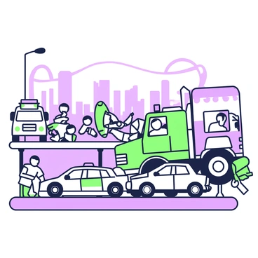 An early morning traffic jam unfolds on a city bridge. Line after line of vehicles are stuck, some honking their horns in frustration. A large truck is positioned at an angle, indicating a recent accident. Bright emergency lights from a police car and an ambulance flash on the scene, illuminating the surroundings. Nearby, several drivers are stepping out of their cars to assess the situation. The sky above is lightening as dawn approaches, casting a soft glow over the chaotic scene.