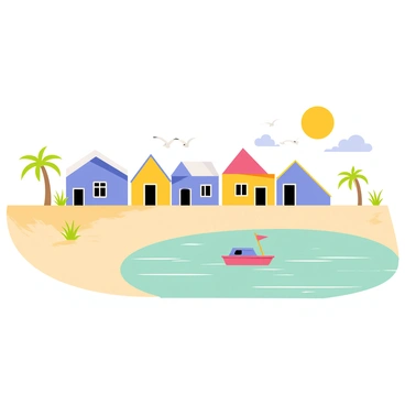 A seaside village featuring colorful houses with triangular roofs, painted in bright blue, yellow, and red flat colors. The houses are arranged along a sandy beach, with a few palm trees swaying gently in the breeze. A small fishing boat is anchored in a shimmering turquoise sea, while seagulls fly overhead. The sky is a clear light blue, with a bright sun casting cheerful light across the scene. Sand dunes with tufts of green grass frame the beach area, completing the vibrant coastal landscape.