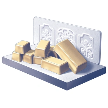 An assortment of chocolates arranged neatly on a display surface. Each chocolate is molded and designed to resemble shiny gold bars, reflecting light in a way that mimics the appearance of real gold. The scene includes an elegant backdrop with intricate patterns that hint at the architectural style found in Dubai. The chocolates are positioned in a way that highlights their luxurious appeal, with some bars stacked and others laid side by side, showcasing their shiny surfaces.