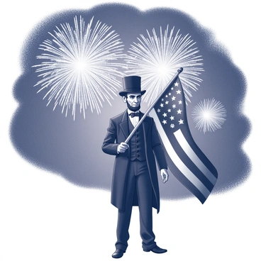 Abraham Lincoln holding the American flag with a backdrop of fireworks