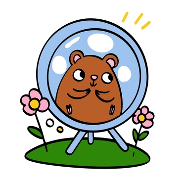 A small, fluffy hamster with soft brown fur sitting cross-legged inside a round, translucent exercise wheel. The hamster has big, bright eyes, and a peaceful expression on its face. Surrounding the wheel are gentle pastel colors, suggesting a calming atmosphere. The wheel is slightly elevated above a soft, green grass surface, with delicate flowers blooming nearby. Sunlight filters through, casting soft shadows and highlighting the serene moment.