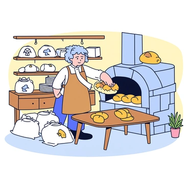 A hobbit baker pulling fresh loaves of bread from a stone oven, surrounded by flour sacks