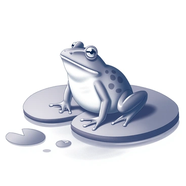 A giant frog seated on an oversized lily pad, its eyes wide open and alert. The lily pad is large, with a textured surface and clearly defined edges. Surrounding the lily pad is a serene pond, with gentle ripples in the water reflecting the form of the frog. The frog has prominent spots on its skin, with its legs resting casually at the sides of the lily pad. Nearby, other smaller lily pads float on the surface of the water, completing the tranquil pond scene.