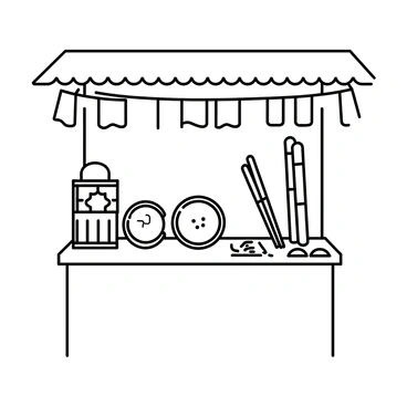 A wooden stall with a thatched roof is displaying a variety of traditional musical instruments. There are several drums of different sizes, placed prominently, showcasing intricate carvings on their surfaces. Beside them, a selection of flutes made from bamboo is arranged neatly, some with decorative markings. The stall is decorated with colorful fabric drapes hanging above, creating an inviting atmosphere. A few musical sheets are scattered on the counter, suggesting they are available for visitors to try.