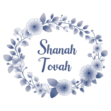 A greeting card design with the words "Shanah Tovah" prominently displayed in the center. The text is elegantly stylized and surrounded by intricate floral patterns. The floral designs include various types of flowers and leaves, creating a harmonious and balanced composition. The card has a clean, organized layout, emphasizing the beauty of the floral arrangements that frame the text.