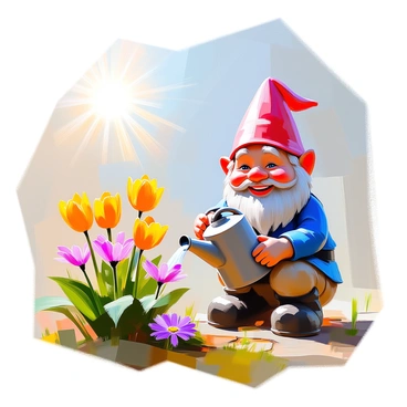 A cheerful garden gnome with a bright red hat and a blue outfit is kneeling beside a patch of blooming flowers. The gnome has a wide smile and rosy cheeks, and he is gently watering the flowers with a small watering can. The flowers are a mix of vibrant colors, including yellow tulips, pink daisies, and purple pansies. The sun is shining brightly in a clear blue sky, casting warm light over the garden. Green leaves and grass surround the gnome, creating a lively and colorful scene.