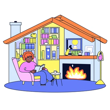 A cozy cottage with warm wooden beams and a sloping roof. The interior is filled with bookshelves overflowing with colorful books. A comfortable armchair is positioned beside a glowing fireplace, radiating warmth. An INFP character with curly hair is nestled in the armchair, deeply engrossed in a book. A soft blanket is draped over their lap, and a steaming cup of tea rests on a small table nearby. The walls are adorned with framed art and the soft light of a floor lamp creates a welcoming ambiance.