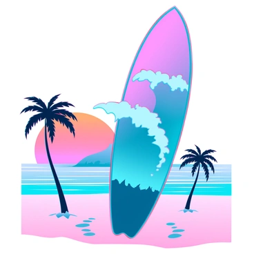 A vibrant airbrushed surfboard with a glossy finish. It is decorated with large, stylized waves in shades of blue and turquoise. The waves curl and crash, flowing into a bright sunset with hues of orange and pink. Palm trees are depicted in silhouettes against the colorful sky, their fronds reaching outward. The overall design captures the essence of 1980s beach culture, filled with energy and life. The surfboard is propped against a sandy beach background, with footprints in the sand leading toward the water.