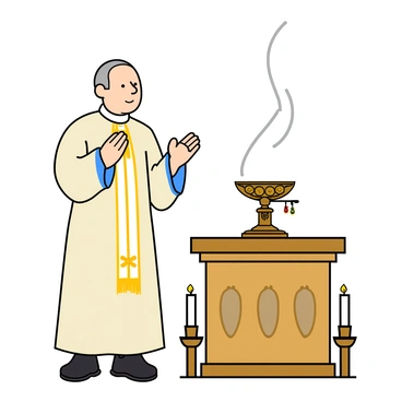 A priest wearing traditional robes is standing at the front of a small, decorated altar. He has a calm expression on his face, focusing intently as he raises his hands in prayer. Wisps of white incense smoke are curling upward from a decorative incense burner placed on the altar. The scene is illuminated by soft light, highlighting the details of the altar, which is adorned with candles and flowers. The background features a simple, elegant design that complements the peaceful atmosphere of the ceremony.