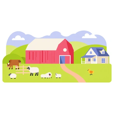 A peaceful farm scene featuring a large red barn with a white roof situated in the center. There are several farm animals scattered around, including a brown cow grazing near a wooden fence, a group of fluffy white sheep resting on the green grass, and a playful yellow chick pecking at the ground. In the background, there are rolling hills painted in vibrant shades of green, and a clear blue sky with a few fluffy white clouds. A dirt path leads through the scene, connecting the barn to a small farmhouse with a welcoming porch.