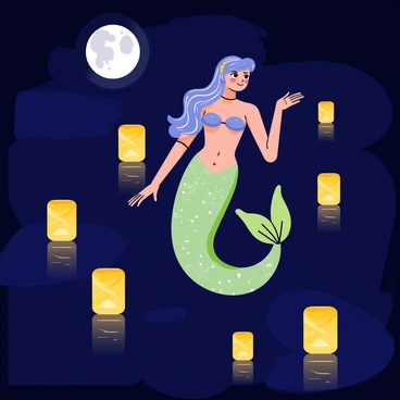 A mermaid with long flowing hair and shimmering scales is gracefully swimming in dark blue water. The mermaid has a sparkling tail that reflects light. Around her, there are several glowing lanterns in various shapes, floating gently on the water's surface. The lanterns emit a warm yellow light, casting gentle reflections on the water. A full moon is visible above, illuminating the scene with a soft, silvery glow. The atmosphere is tranquil and enchanting, highlighting the mermaid's serene expression as she admires the glowing lights around her.