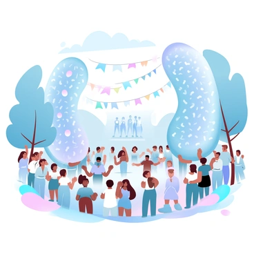 A lively festival takes place in a vibrant outdoor setting filled with colorful decorations. People are gathered around large, intricately designed bean sculptures that tower above them. Some sculptures are shiny and reflective, while others are textured with various patterns. Groups of people, dressed in festive attire, are admiring the sculptures and taking pictures. Colorful banners and streamers are hung between the trees, fluttering in the breeze. In the background, a stage is set up with performers entertaining the crowd, adding to the joyful atmosphere of the celebration.