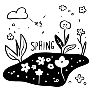 A garden with young vegetable plants growing in neat rows, surrounded by various spring blossoms. The vegetable plants, such as lettuce and tomatoes, are sprouting green leaves reaching towards the sunlight. Among them are delicate blossoms in different shapes and sizes, adding a touch of natural beauty. The ground is textured with dark soil, and there are scattered bits of foliage and small stones visible. "Spring" is displayed prominently in the center of the image, with additional floral patterns framing the scene.