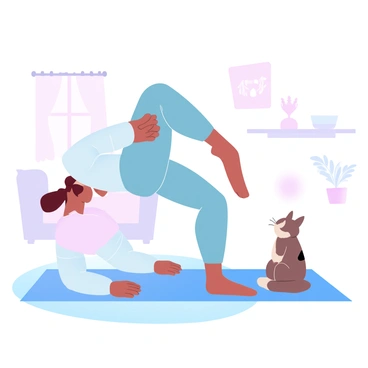 A person is positioned on all fours on a yoga mat, performing a donkey kick exercise. The individual is wearing comfortable athletic clothing, and their foot is raised high in a dynamic posture. Nearby, a curious cat with a soft fur coat is sitting on the floor, its body slightly leaned forward as it watches the person intently. The background features a cozy living room setting with warm lighting and a few house plants visible. A soft rug is underneath the exercise mat, adding to the homely atmosphere.