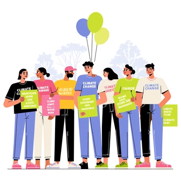 A group of diverse activists standing together, each holding colorful signs with various messages advocating for "climate change awareness." The activists show a range of expressions, from determined to hopeful. Some are wearing t-shirts with slogans related to environmental protection. In the background, there are trees and a clear blue sky, emphasizing the theme of nature and the importance of protecting it. Balloons in green and blue colors float above the group, adding a sense of vibrancy to the scene.