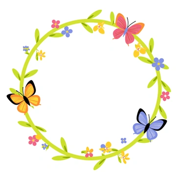 A circular wreath made of intertwined green vines and leaves. The wreath is adorned with various flowers in bright colors, such as red, yellow, and blue. Scattered throughout the wreath are several colorful butterflies with distinct patterns, some resting on the flowers and others in mid-flight. Each butterfly showcases vibrant hues and intricate designs, adding to the overall lively appearance of the wreath.