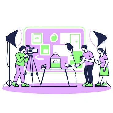 A film crew is engaged in shooting a promotional video for a product in a stylish studio setting. In the center, a large table is set with the product prominently displayed, surrounded by various lighting equipment and cameras. The crew consists of three members: one is adjusting the camera on a tripod, another is operating a handheld microphone, while the third is giving instructions and holding a script. The walls of the studio are adorned with modern art pieces and the floor features a glossy finish. Softbox lights are strategically placed to illuminate the scene, creating a well-lit environment for the recording.