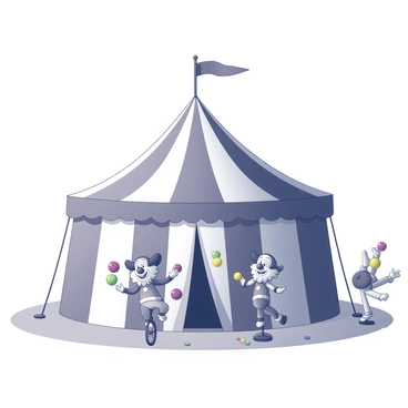 A large circus tent stands prominently, featuring a peaked roof with large flaps. Inside, several cartoon clowns are engaged in activities. One clown is juggling three colorful balls high in the air, while another clown is performing a handstand on a unicycle. Nearby, a third clown is mid-air, executing a somersault. The scene is filled with various circus props, such as colorful juggling clubs and acrobatic equipment scattered around. The expressions of the clowns convey excitement and joy as they entertain an unseen audience.