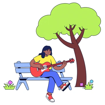 A guitarist sitting on a wooden park bench. The guitarist has a casual appearance, wearing a t-shirt and jeans, with long hair flowing down. He is playing a shiny red electric guitar, positioned comfortably on his knee. Above him, a large green tree provides shade, its branches extending outward with bright green leaves. The ground is covered with soft grass, and a few colorful flowers are scattered nearby.