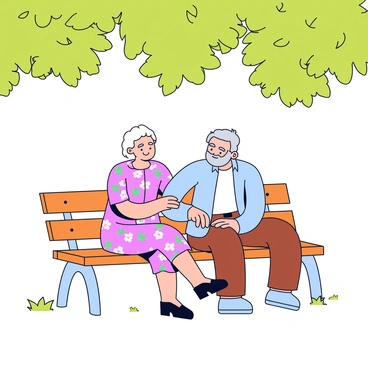 An elderly couple sitting on a wooden park bench under a large leafy tree. The couple is holding hands, showcasing their strong bond. The man has a gray beard and is wearing a light blue shirt and brown pants. The woman has short white hair and is dressed in a floral dress with shades of pink and green. The ground beneath the bench is covered with small patches of grass and fallen leaves. Sunlight filters through the tree's branches, creating a gentle dappled light around them.