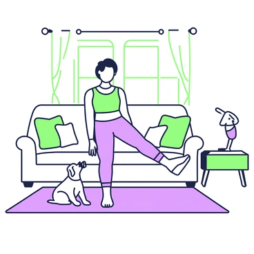 A person is performing donkey kicks on a yoga mat in a cozy living room. The person has their hands on the mat, with one knee bent and the other leg extended upwards. They are wearing comfortable workout attire, which includes a fitted top and leggings. In the background, a soft couch and a coffee table are visible, adding to the cozy atmosphere. A small dog is sitting on the floor nearby, looking up at the person with curiosity, its ears perked and tail wagging slightly. A few decorative cushions are scattered around the living room, and a window with light curtains allows natural light to brighten the space.