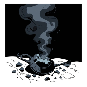 A dark, cracked Horcrux lies on a stone surface with shards scattered around it. As the Horcrux shatters, wisps of black and gray smoke are swirling upwards into the air, creating an eerie atmosphere. The smoke billows and twists, reflecting an ominous energy as it ascends into the shadows above. The surrounding area is dimly lit, emphasizing the dramatic effect of the smoke against the dark background.