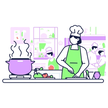 A chef with a "broccoli hat" is standing in a bustling kitchen filled with various cooking stations. The chef is wearing a white uniform with a green apron, and has a focused expression as they chop vegetables. To the left, a large pot on a stove is bubbling, sending steam into the air. On the countertop, there are various ingredients neatly arranged, including colorful vegetables and spices. In the background, other kitchen staff are moving around, some stirring pots and others plating dishes. The kitchen is well-lit, showcasing the energy of the cooking environment.