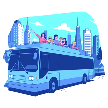 A blue tour bus is parked alongside a bustling city street. On the upper deck of the bus, several tourists are standing and smiling as they take in the view. They are pointing at various buildings in the city skyline, which features a mix of modern skyscrapers and historical architecture. The sky above is clear and bright, creating a vibrant atmosphere. In the background, the sun is casting soft shadows on the buildings. Some trees and greenery line the street, adding to the lively urban scene.