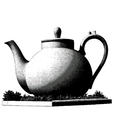 A building towers in the shape of a "teapot," featuring a round, bulbous base and a angled spout extending outward. The structure has a curved handle that arcs gracefully upwards. The surface of the building has a glossy finish, enhancing its teapot-like appearance. Surrounding the building is a landscaped area with neatly trimmed grass and a paved pathway leading up to the entrance. The sky above is clear, providing a bright backdrop for the unique architecture.