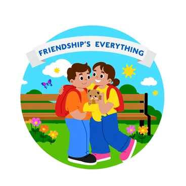 A warm scene featuring two young children sharing an embrace in a sunlit park. One child is wearing a red backpack and the other is holding a small stuffed bear. In the background, colorful flowers bloom around a wooden bench, while a bright blue sky is filled with fluffy white clouds. Nearby, a few playful butterflies flutter among the flowers. Above the children, a banner reads "Friendship is everything" in cheerful, bold letters. The overall composition conveys warmth and connection.