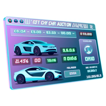 A digital auction simulation screen displays a sleek, futuristic interface with vibrant neon colors. The screen shows "Luxury Car Auction" prominently at the top in bold letters. Below, real-time bids are scrolling rapidly, featuring various amounts in bright green and red colors, indicating current high bids and outbid notifications. Images of a luxurious sports car in a glossy finish, showcasing its aerodynamic design, are shown alongside the bids. A countdown timer at the side ticks down, indicating the time remaining for the auction. Graphical elements like icons for bidder avatars and animated effects enhance the dynamic atmosphere of the auction.