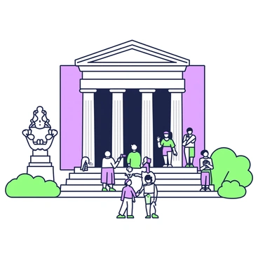 An illustration of the grand entrance of the British Museum. The entrance features large, majestic columns that support a grand portico. Wide steps lead up to the entrance, where several tourists are gathered. Some tourists are taking photos, capturing the impressive architecture, while others are discussing amongst themselves. In the foreground, a couple is admiring a detailed sculpture on display near the entrance. Green foliage is visible in the landscaped areas surrounding the entrance, adding a touch of nature to the scene.