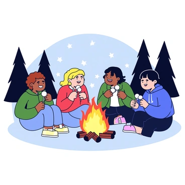 A group of three friends is sitting around a campfire. The campfire has bright orange flames, illuminating their faces. Each friend holds a long stick with a marshmallow at the end, toasting them over the fire. One friend has brown hair and is wearing a green jacket, while another has curly blonde hair and is bundled up in a red sweater. The third friend has straight black hair and is in a blue hoodie. Surrounding them are dark silhouettes of trees under a starry night sky, creating a cozy atmosphere. The friends are engaged in conversation, sharing smiles and laughter.