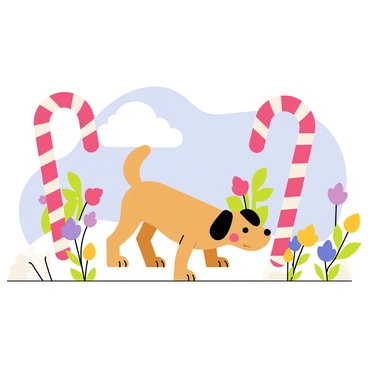 A small brown dog with floppy ears is exploring a whimsical garden. The garden is filled with oversized red and white striped candy canes that tower above the dog. Soft white snow blankets the ground, creating a contrast with the bright colors of the candy canes. Colorful flowers with large petals peek out from the snow, adding vibrant hues to the scene. The dog is curiously sniffing around, with its tail wagging happily. In the background, there are fluffy white clouds floating in a clear blue sky.